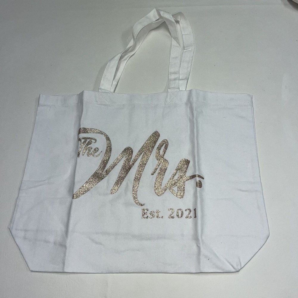 Bridal Canvas Tote The Mrs Est 2021 Oversized Bag White Gold Glitter Market